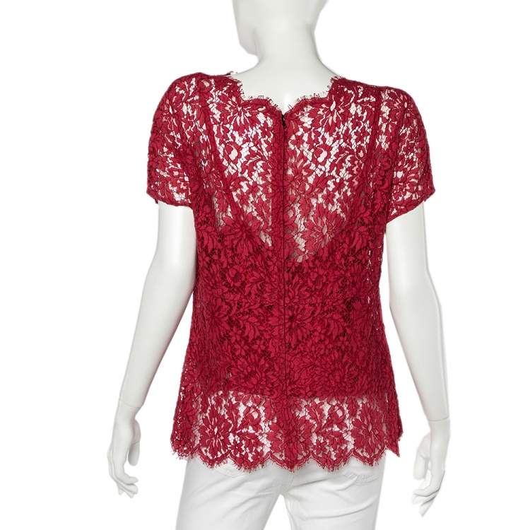 Pre Owned Dolce & Gabbana Red Floral Lace Button Detail Top L