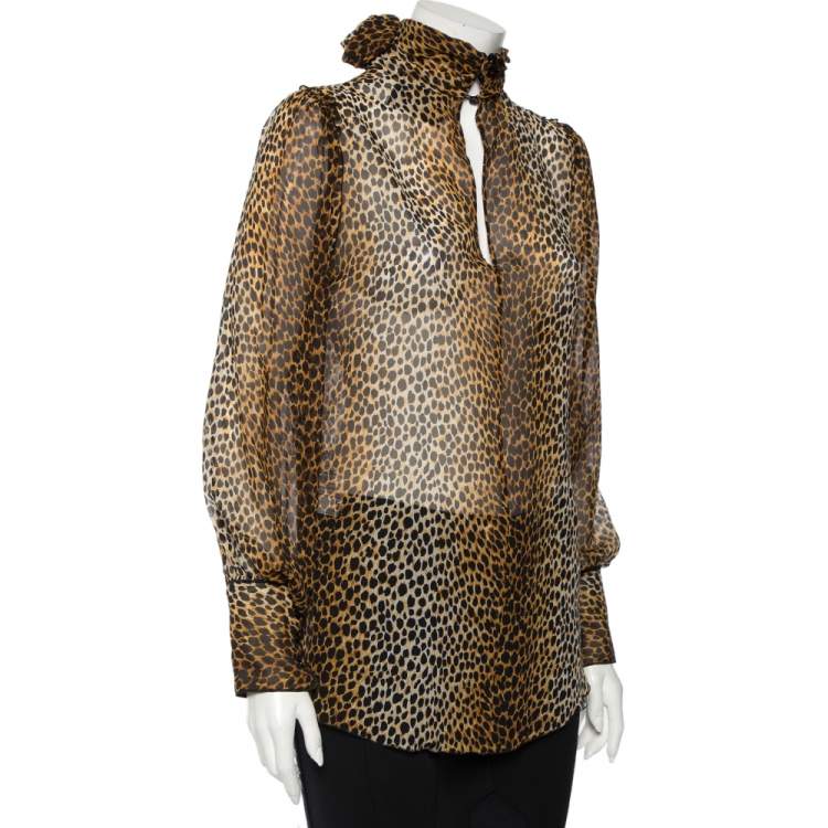 Pre Owned Dolce & Gabbana Leopard Print Silk Turtle Neck Blouse M 