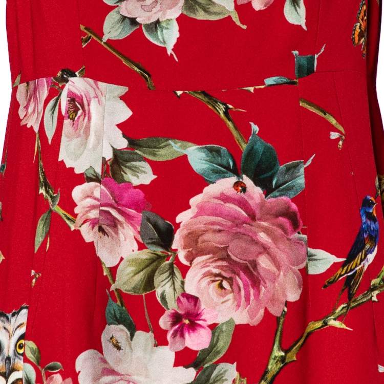 Pre Owned Dolce & Gabbana Red Crepe Enchanted Forest Print Long Sleeve Dress M