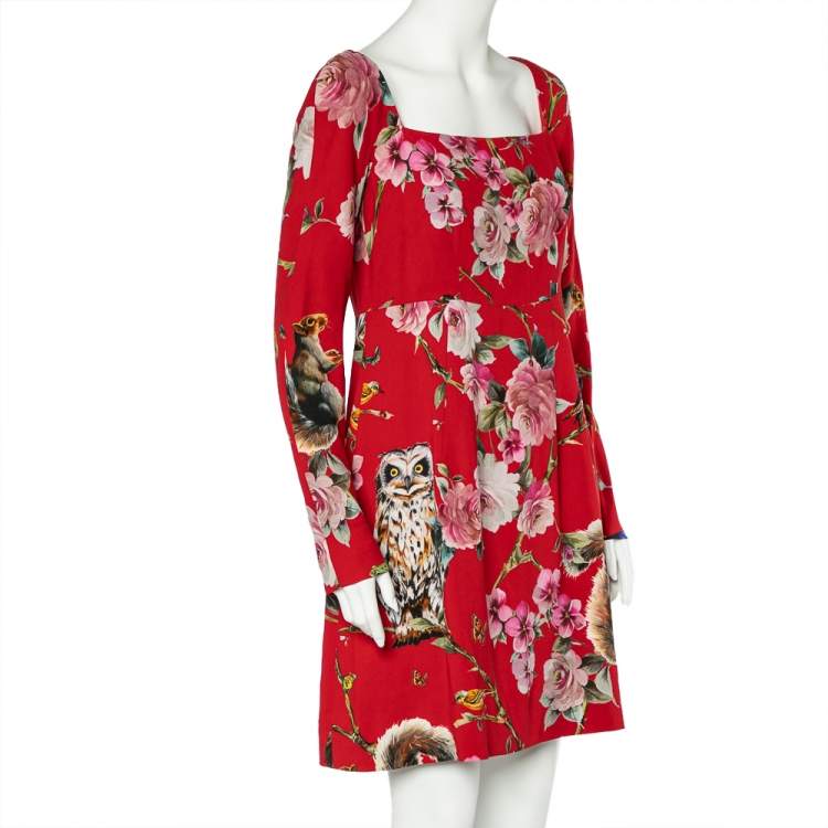 Pre Owned Dolce & Gabbana Red Crepe Enchanted Forest Print Long Sleeve Dress M