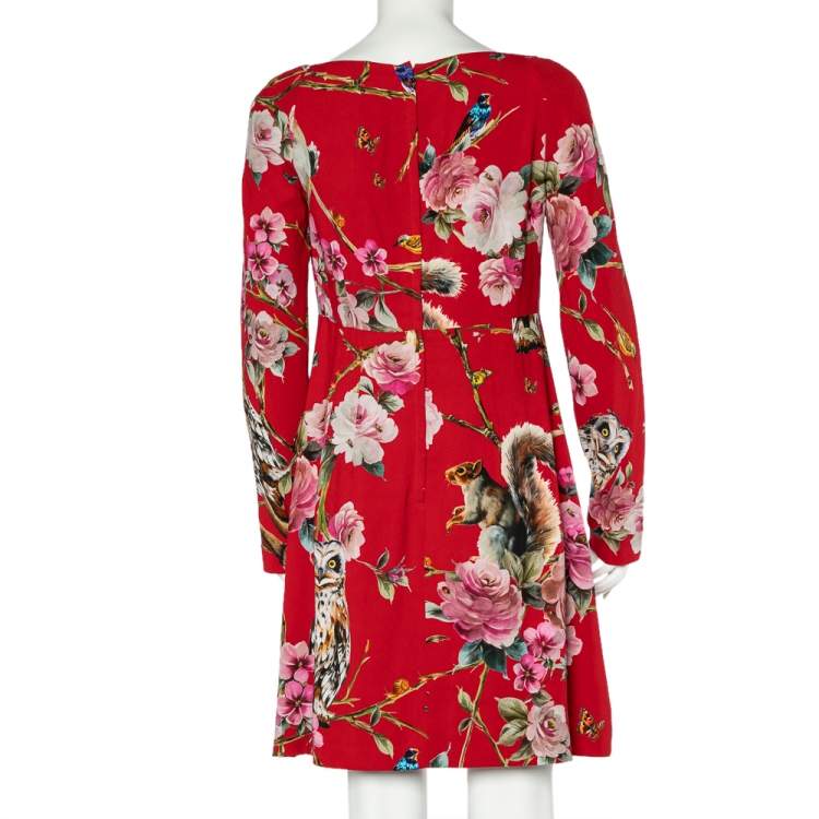 Pre Owned Dolce & Gabbana Red Crepe Enchanted Forest Print Long Sleeve Dress M