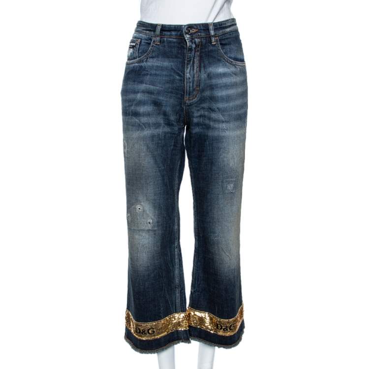 Pre Owned Dolce & Gabbana Indigo Distressed Denim Sequined Hem Pretty Jeans M