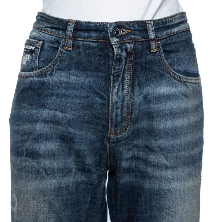 Pre Owned Dolce & Gabbana Indigo Distressed Denim Sequined Hem Pretty Jeans M