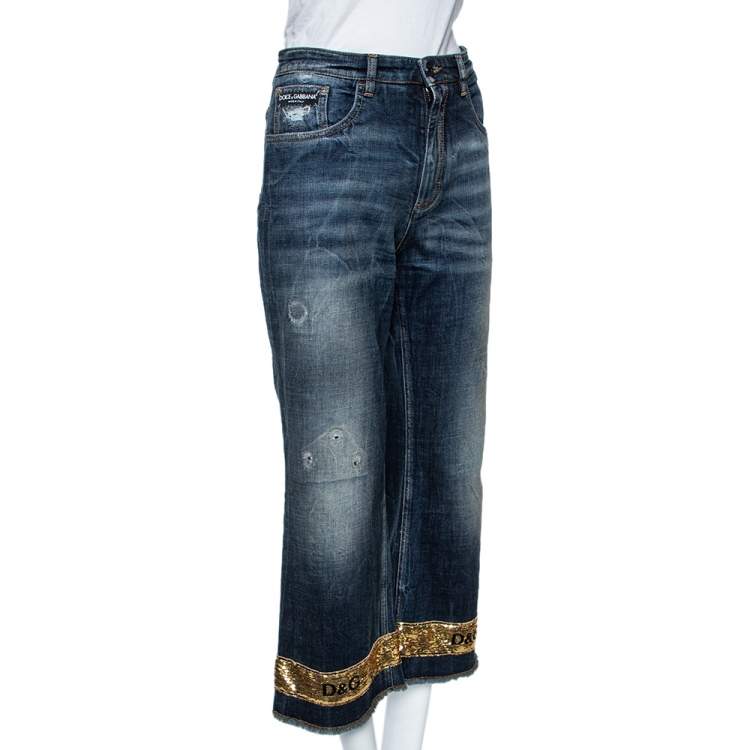 Pre Owned Dolce & Gabbana Indigo Distressed Denim Sequined Hem Pretty Jeans M