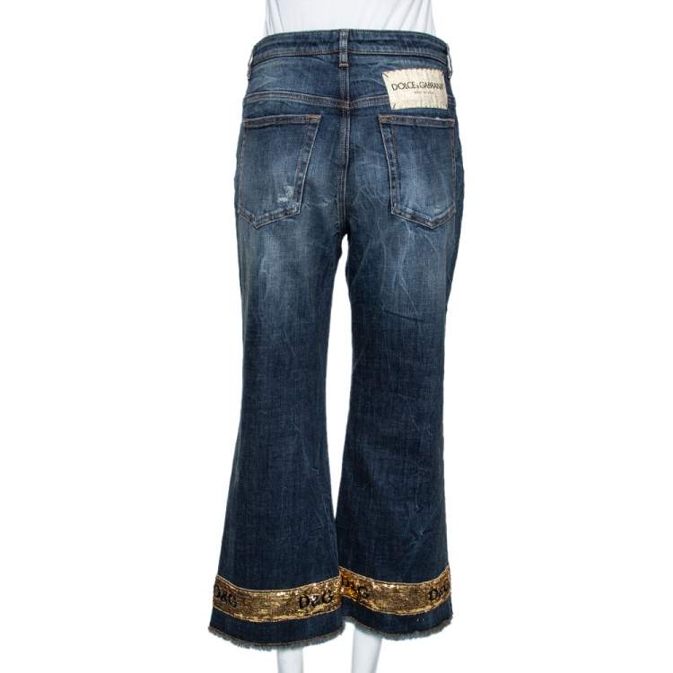 Pre Owned Dolce & Gabbana Indigo Distressed Denim Sequined Hem Pretty Jeans M