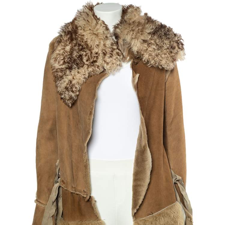 Pre Owned Dolce & Gabbana Beige Fur And Leather Stitch Detail Tie Front Overcoat S