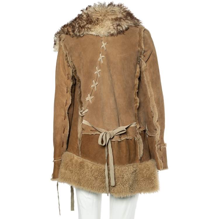 Pre Owned Dolce & Gabbana Beige Fur And Leather Stitch Detail Tie Front Overcoat S