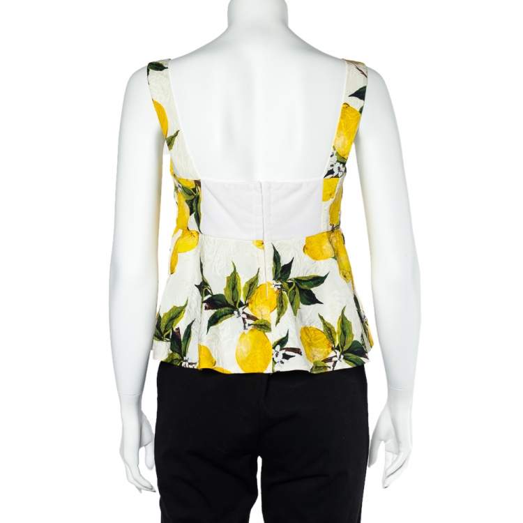 Pre Owned Dolce & Gabbana White Lemon Printed Jacquard Peplum Cropped Top L