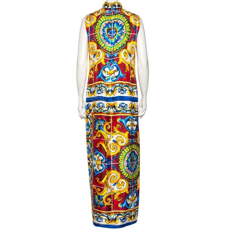 Pre Owned Dolce & Gabbana Majolica Print Silk Front Slit Maxi Dress L