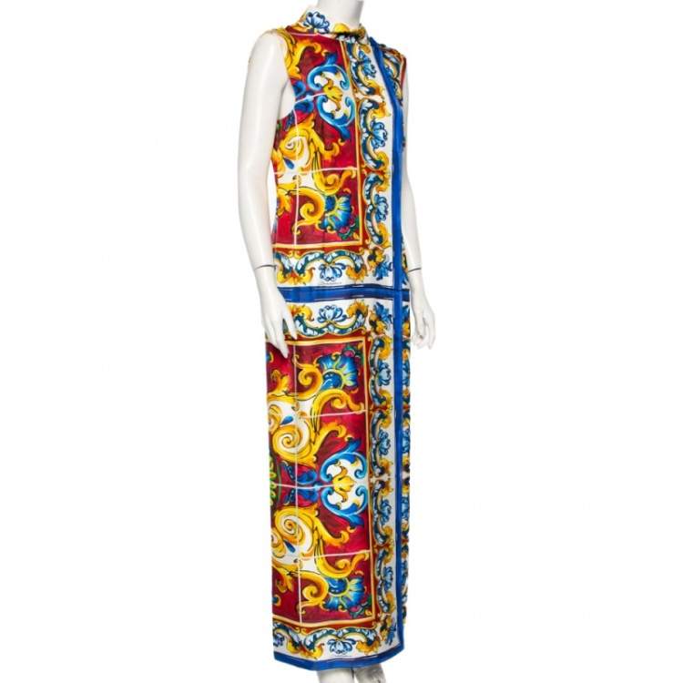 Pre Owned Dolce & Gabbana Majolica Print Silk Front Slit Maxi Dress L