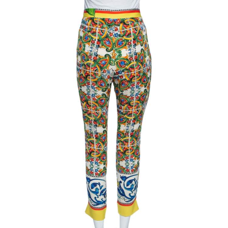 Pre Owned Dolce & Gabbana Multicolor Majolica Print Silk Trousers M 