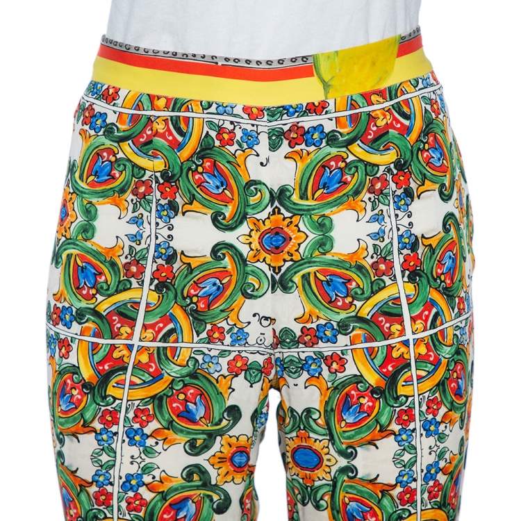Pre Owned Dolce & Gabbana Multicolor Majolica Print Silk Trousers M 