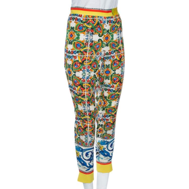 Pre Owned Dolce & Gabbana Multicolor Majolica Print Silk Trousers M 