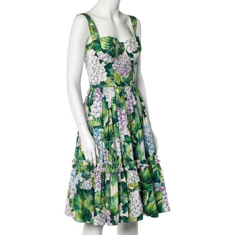 Pre Owned Dolce & Gabbana Green Hydrangea Print Cotton Poplin Elasticized Waist Dress M