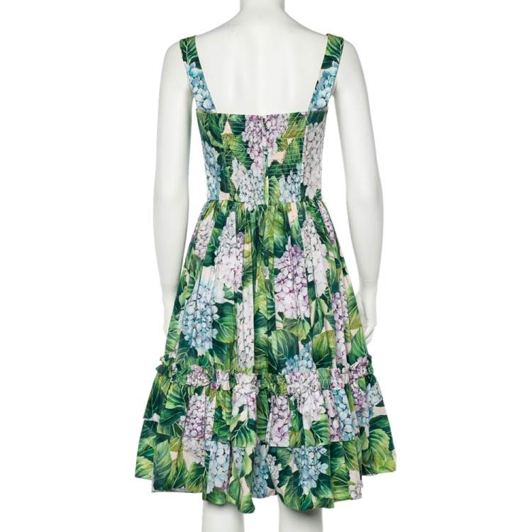 Pre Owned Dolce & Gabbana Green Hydrangea Print Cotton Poplin Elasticized Waist Dress M