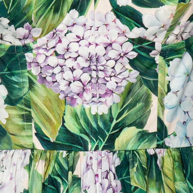 Pre Owned Dolce & Gabbana Green Hydrangea Print Cotton Poplin Elasticized Waist Dress M