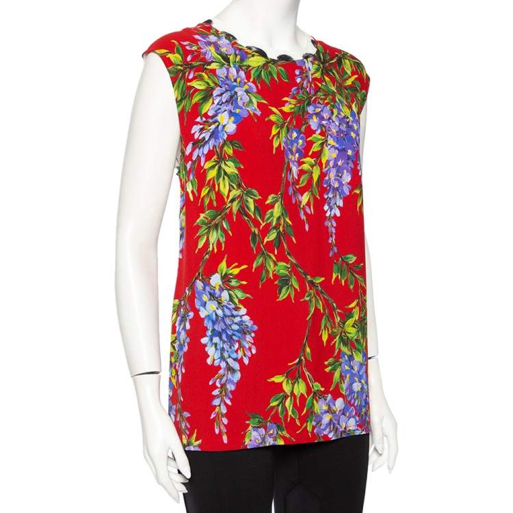 Pre Owned Dolce & Gabbana Multicolored Crepe Floral Polka Dot Printed Top L