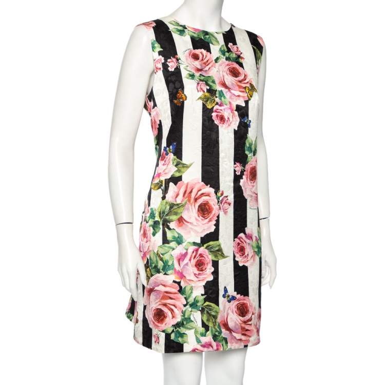 Pre Owned Dolce & Gabanna Rose & Stripes Print Silk Sleeveless Mini Dress XL 