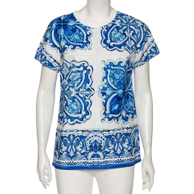 Pre Owned Dolce & Gabbana White and Blue Cotton Majolica Print Top XS