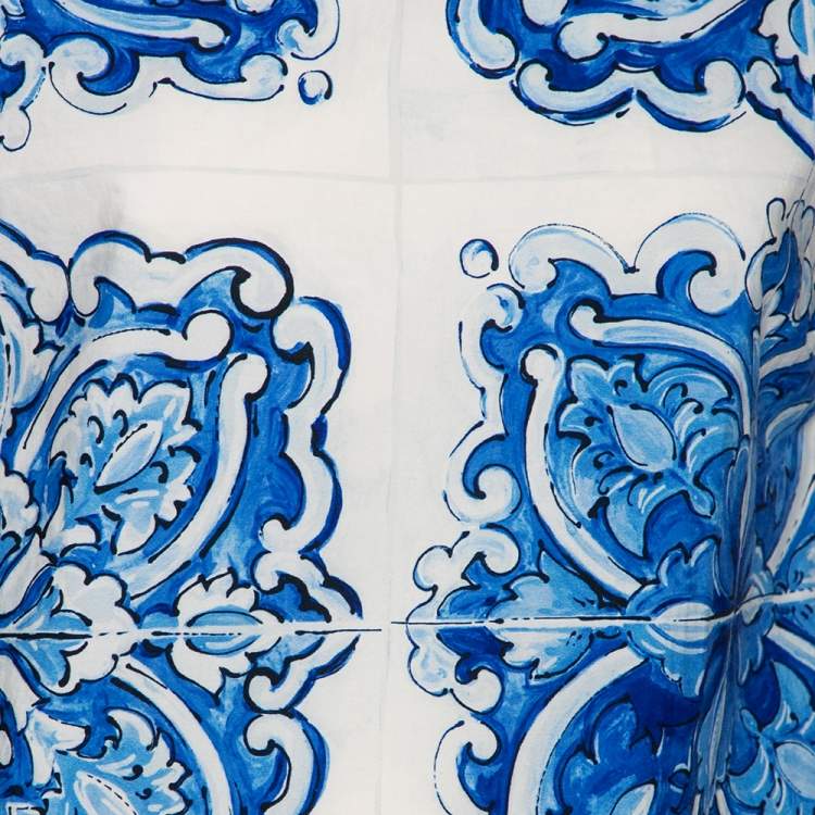 Pre Owned Dolce & Gabbana White and Blue Cotton Majolica Print Top XS