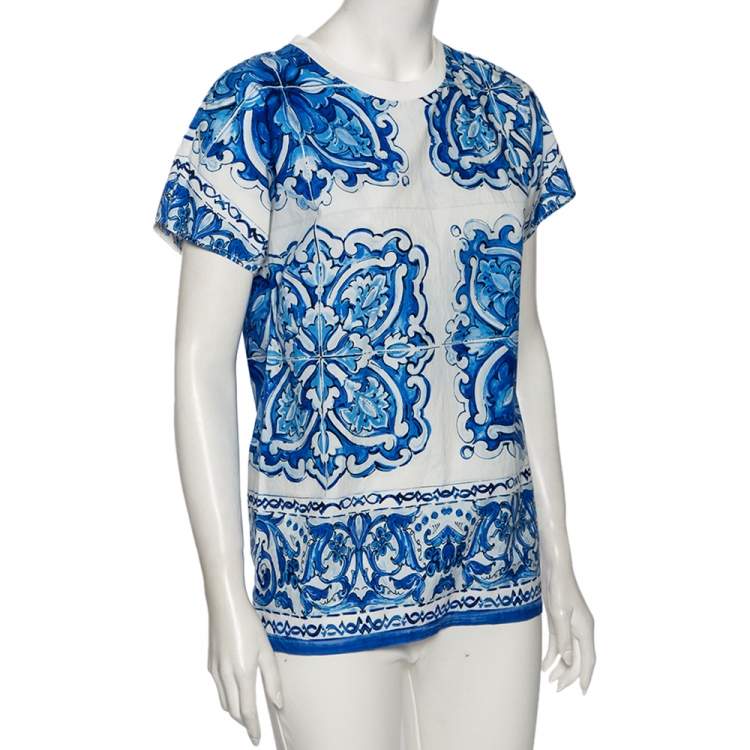 Pre Owned Dolce & Gabbana White and Blue Cotton Majolica Print Top XS