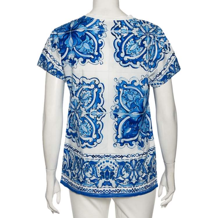 Pre Owned Dolce & Gabbana White and Blue Cotton Majolica Print Top XS