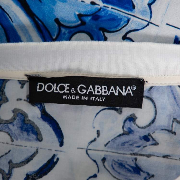 Pre Owned Dolce & Gabbana White and Blue Cotton Majolica Print Top XS