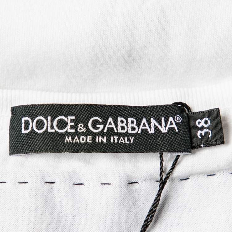 Pre Owned Dolce & Gabbana White Cotton Embellished Neck Printed Top S