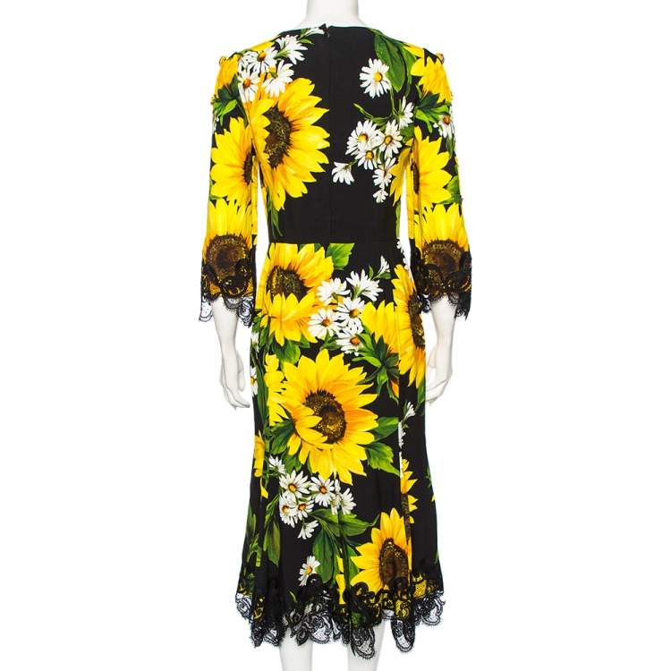 Pre Owned Dolce & Gabbana Black Printed Crepe Embellished Lace-Trimmed Cady Dress S