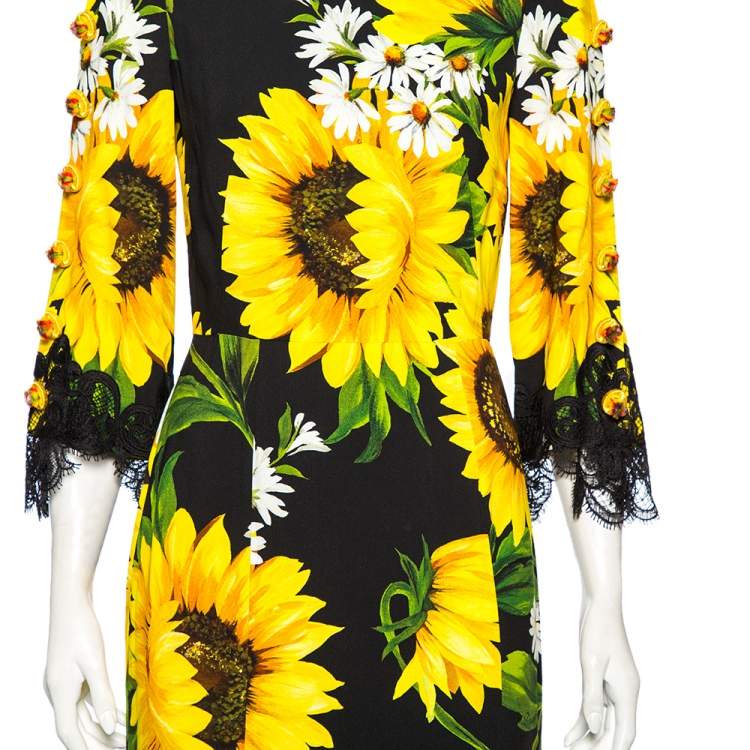Pre Owned Dolce & Gabbana Black Printed Crepe Embellished Lace-Trimmed Cady Dress S