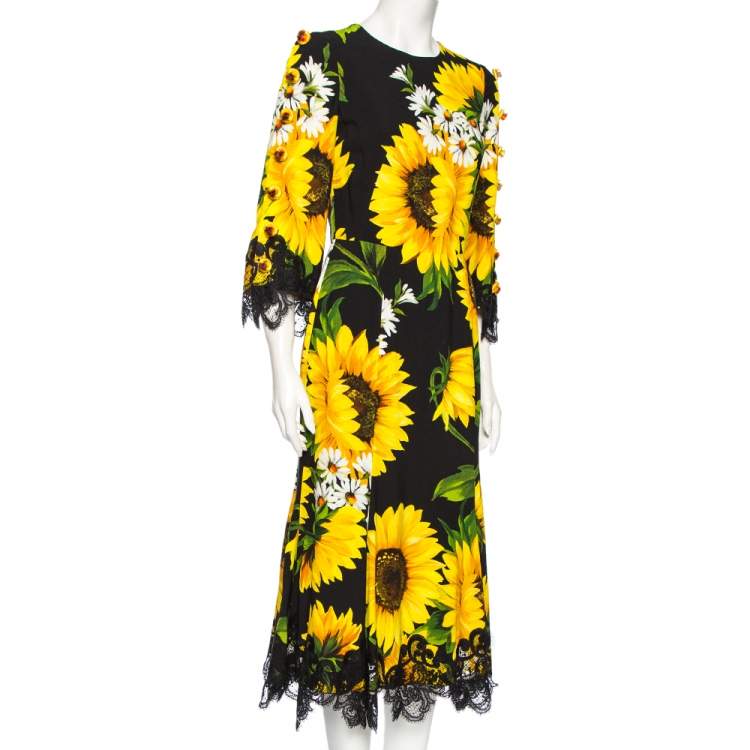 Pre Owned Dolce & Gabbana Black Printed Crepe Embellished Lace-Trimmed Cady Dress S