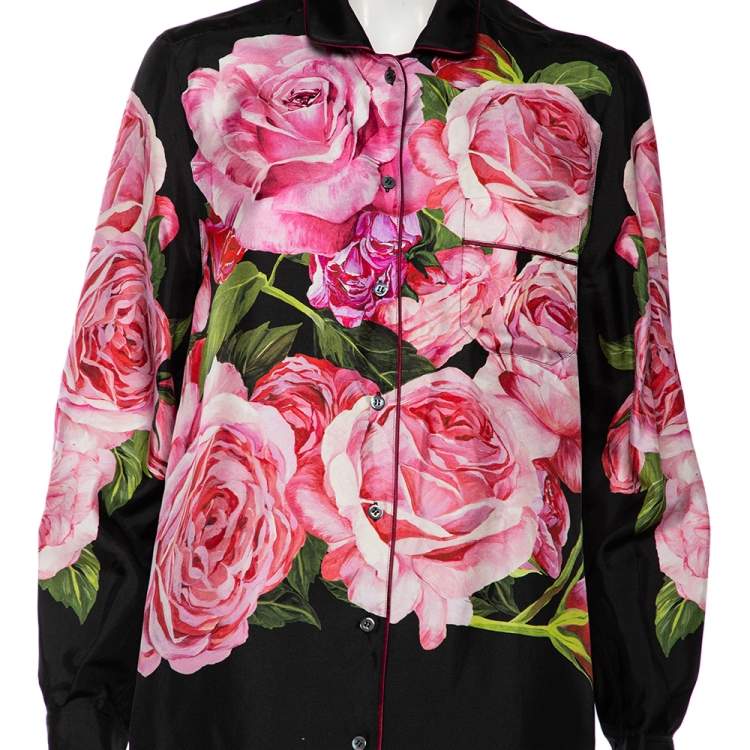 Pre Owned Dolce & Gabbana Black Rose-Print Silk Pajama Set S