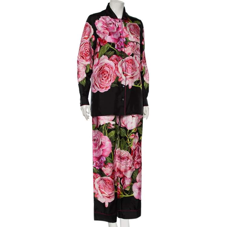 Pre Owned Dolce & Gabbana Black Rose-Print Silk Pajama Set S
