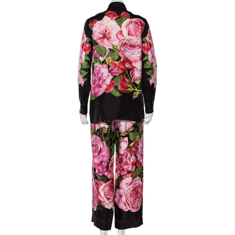 Pre Owned Dolce & Gabbana Black Rose-Print Silk Pajama Set S