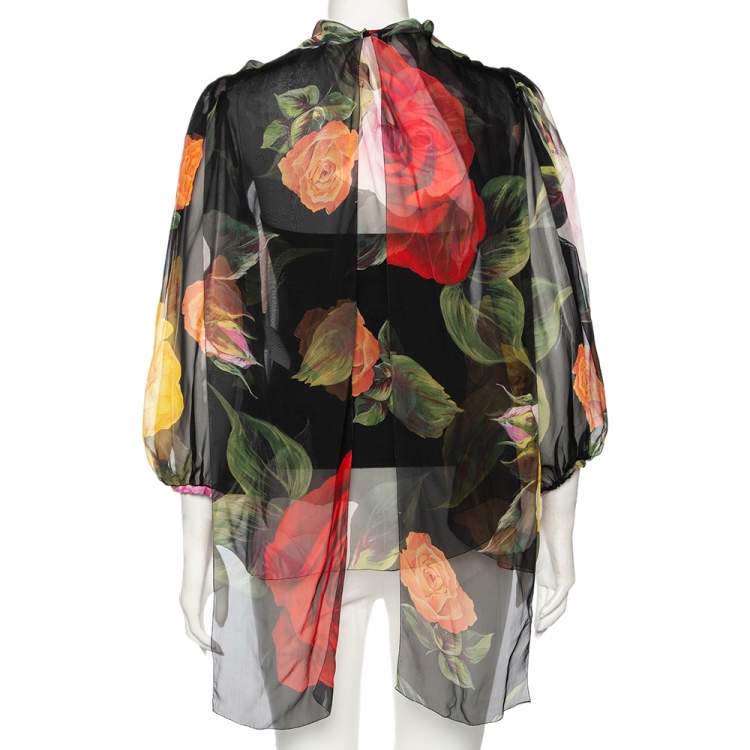 Pre Owned Dolce & Gabbana Black Floral Printed Silk Self-Tie Detail Blouse S