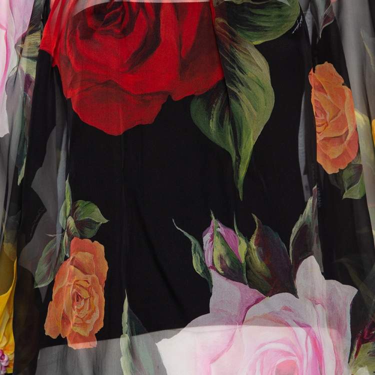 Pre Owned Dolce & Gabbana Black Floral Printed Silk Self-Tie Detail Blouse S