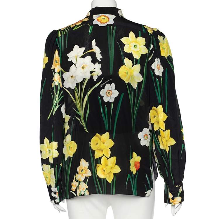 Pre Owned Dolce & Gabbana Black Floral Printed Silk Neck Tie Detail Shirt M