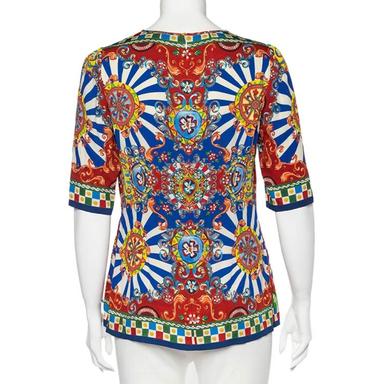 Pre Owned Dolce & Gabbana Multicolor Carretto Siciliano Printed Silk Top M