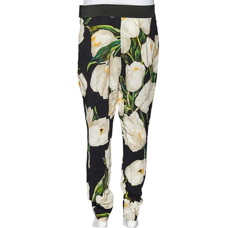 Pre Owned Dolce & Gabbana Black Tulip Printed Crepe Tapered Leg Trousers L
