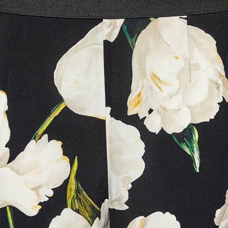 Pre Owned Dolce & Gabbana Black Tulip Printed Crepe Tapered Leg Trousers L