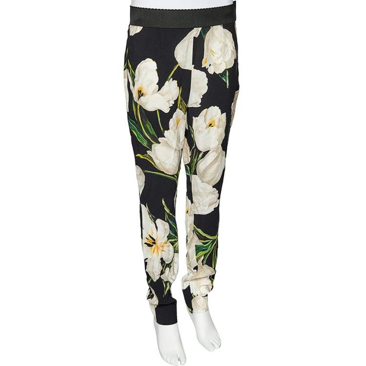 Pre Owned Dolce & Gabbana Black Tulip Printed Crepe Tapered Leg Trousers L