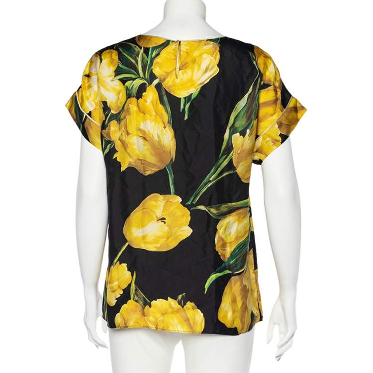 Pre Owned Dolce & Gabbana Black Tulip Printed Silk Top M