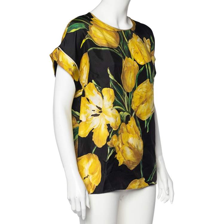 Pre Owned Dolce & Gabbana Black Tulip Printed Silk Top M