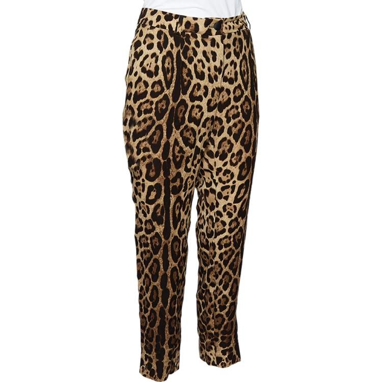 Pre Owned Dolce & Gabbana Brown Animal Printed Silk Tapered Leg Trousers L