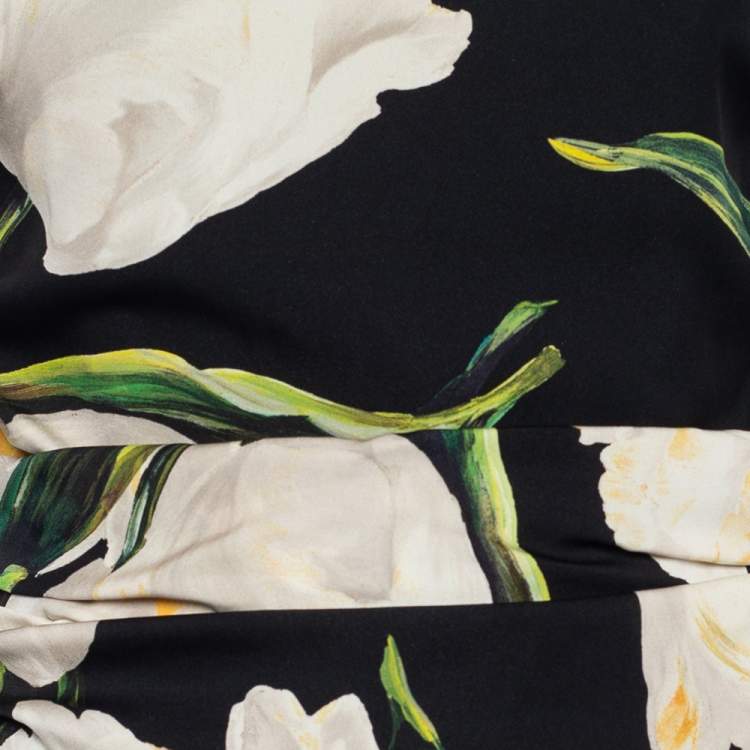 مملوكة مسبقًا Dolce & Gabbana Black Tulip Printed Silk Ruched Midi Dress M