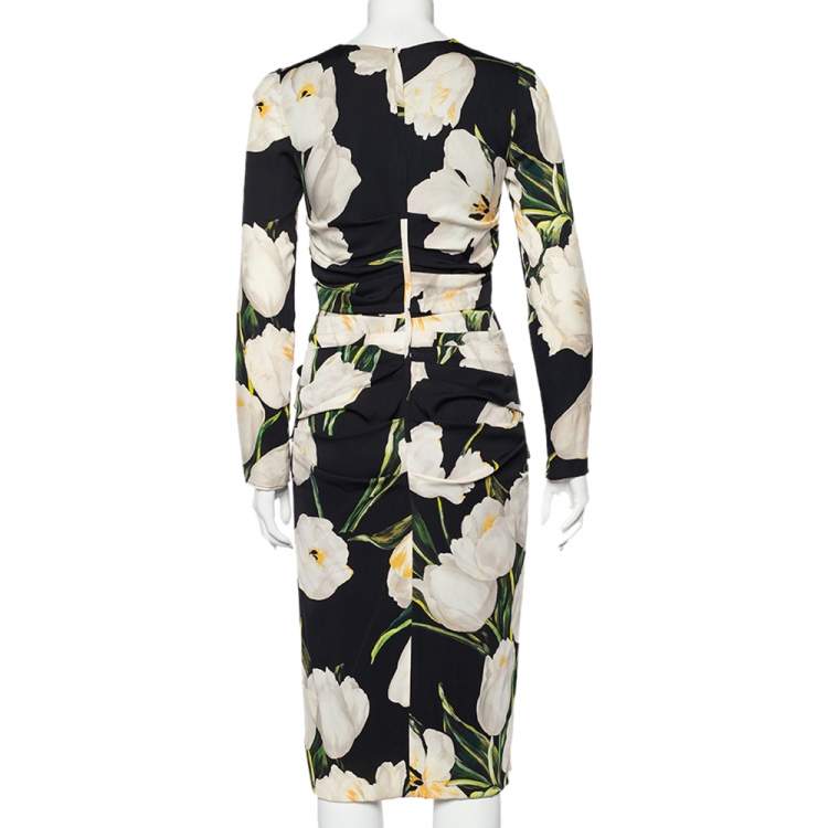 مملوكة مسبقًا Dolce & Gabbana Black Tulip Printed Silk Ruched Midi Dress M