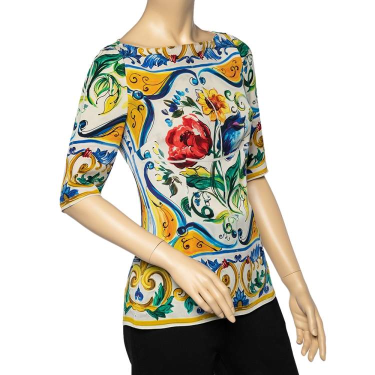 Pre Owned Dolce & Gabbana Multicolor Majolica Printed Silk Boat Neck Top M