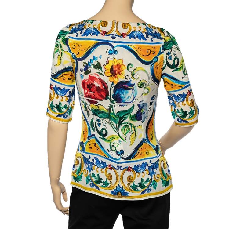 Pre Owned Dolce & Gabbana Multicolor Majolica Printed Silk Boat Neck Top M