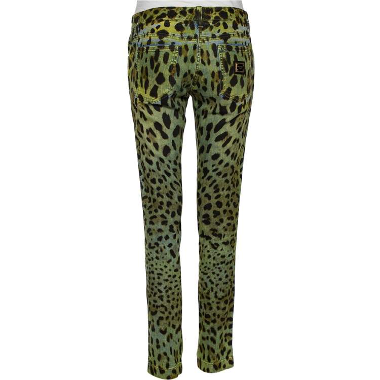 Pre Owned Dolce & Gabbana Green Animal Print Denim Tapered Leg Jeans S
