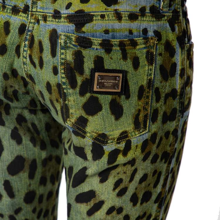 Pre Owned Dolce & Gabbana Green Animal Print Denim Tapered Leg Jeans S